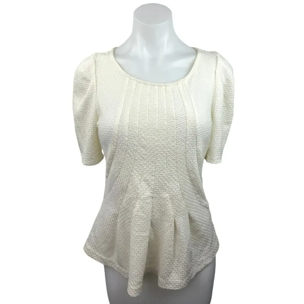 Anthropologie Georgia White Textured Pleated Puff Sleeve Peplum Blouse Top Sz S